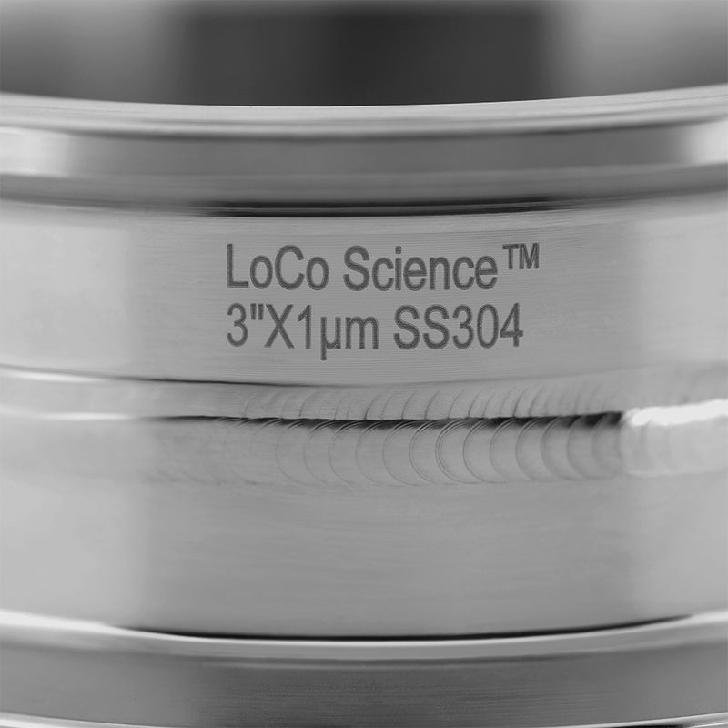 Sintered Disc Filter Plate 3" x 1 µm side view with etched LoCo science logo and size