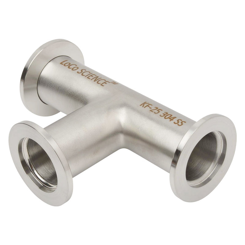 3-Way Tee KF-25 Flange Vacuum Fitting Stainless Steel Angled Side View