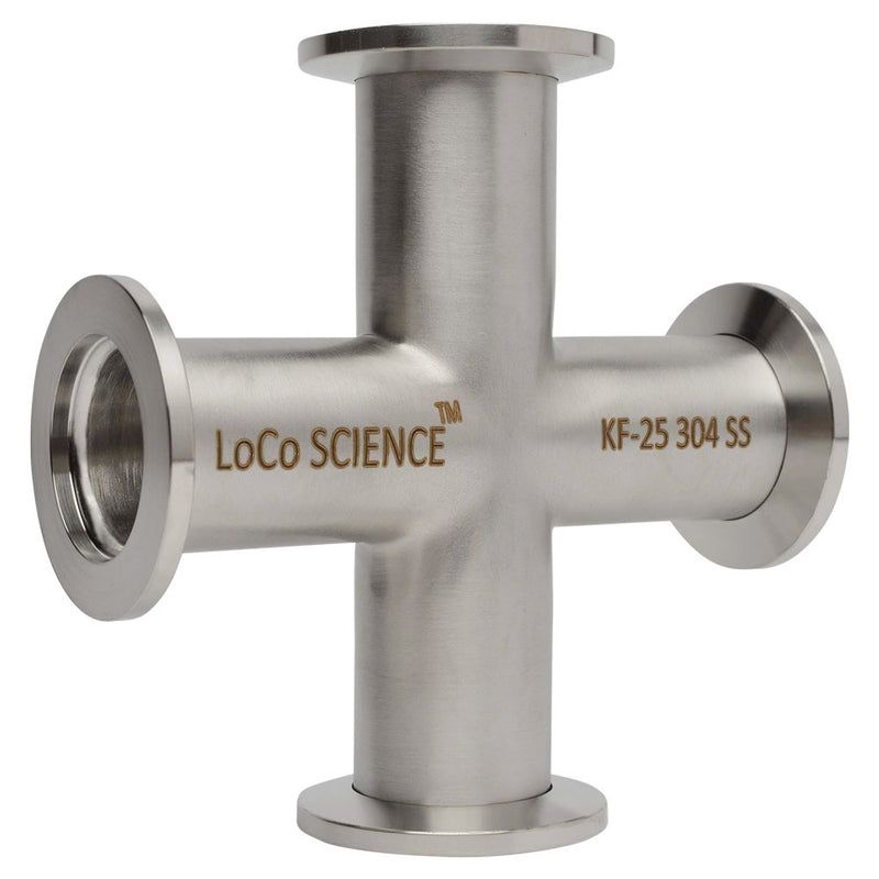 4-Way Cross KF-25 Flange Vacuum Fitting Stainless Steel Angled Side View