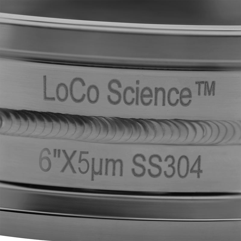 Sintered Disc Filter Plate 6" x 5µm side view with etched LoCo Science logo and size