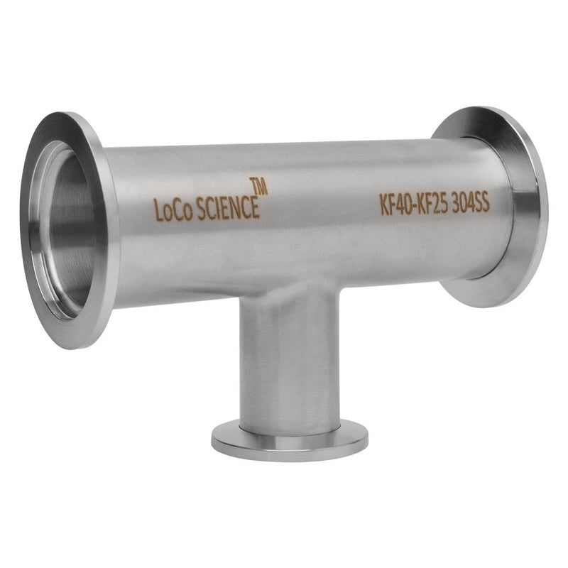 KF-40 to KF-25 Vacuum Reduced Tee Stainless Steel Angled Side View of Logo and Size